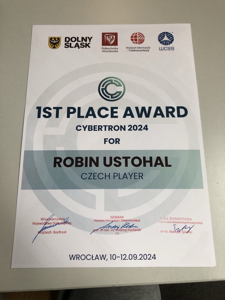 First place certificate for Robin Ustohal at CyberTron 2024