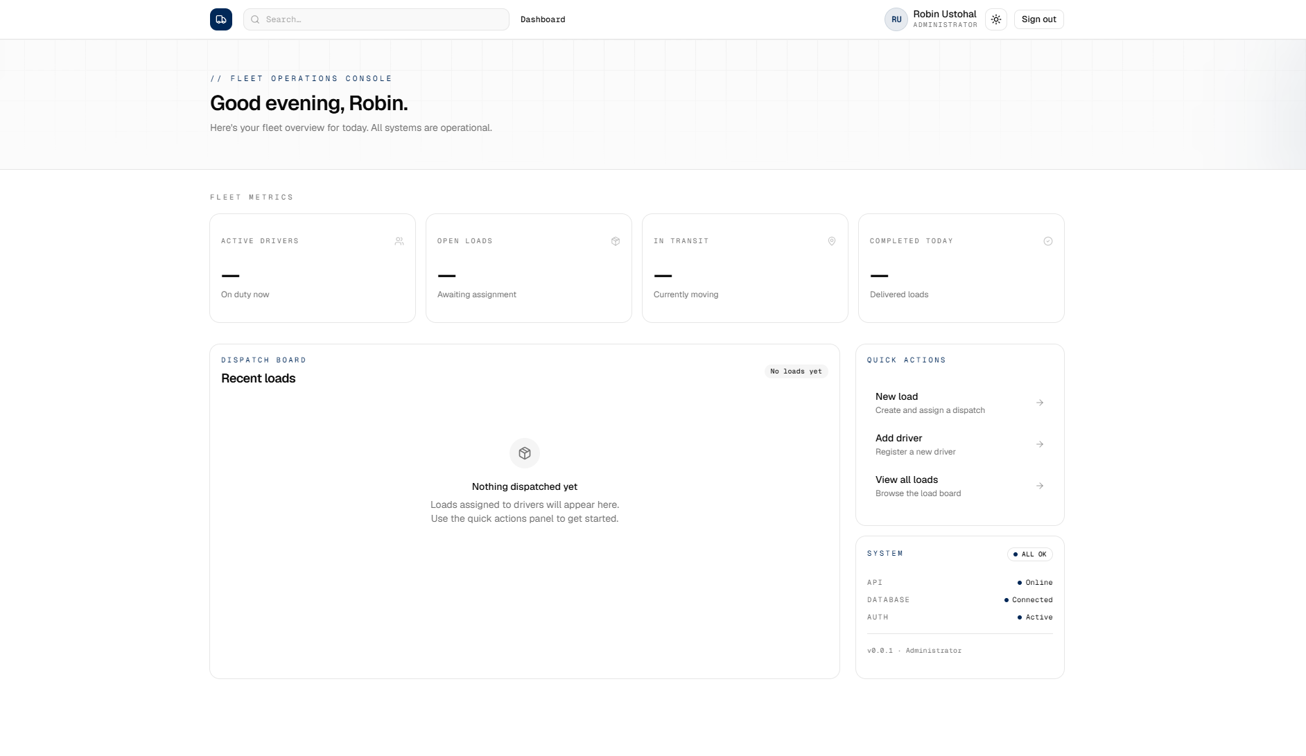 The LowDeck dispatch console — fleet metrics and the load board