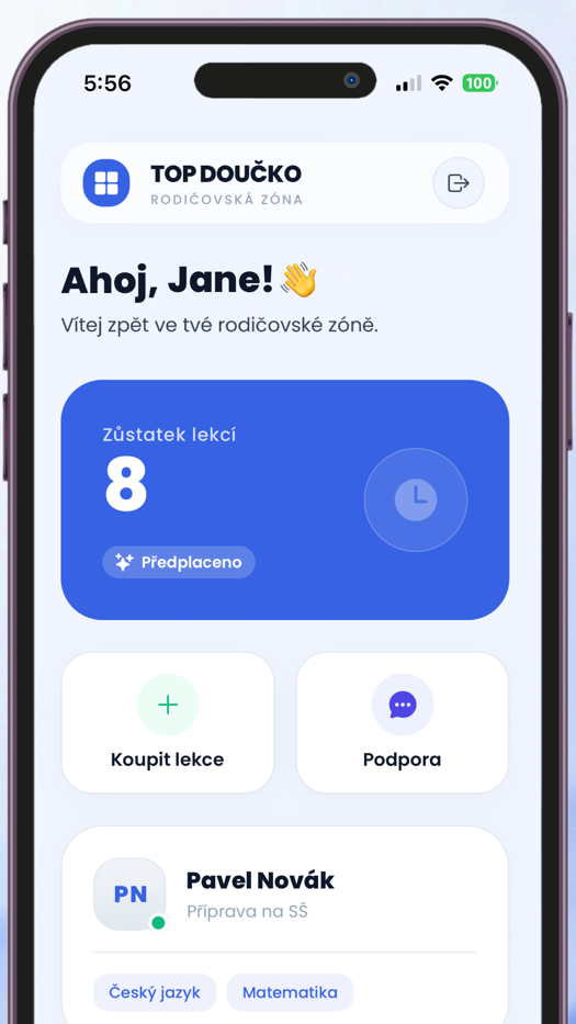 The parents' zone in the Moje TopDoučko app — lesson balance and student overview