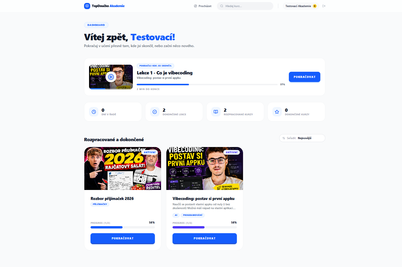 Screenshot of TopDoučko Akademie — the video course library